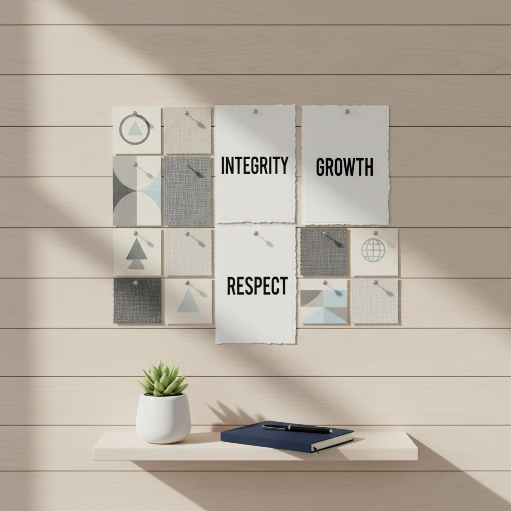 A carefully arranged “culture board” on a clean, light-wood wall, featuring pinned value cards with words like “Integrity,” “Growth,” and “Respect” printed in bold, minimalist fonts on heavyweight, off-white cardstock. Between the cards are small, neutral-colored fabric swatches and simple geometric icons printed on square cards, hinting at team identity and shared goals. Below the board, a narrow floating shelf holds a single small plant in a matte white pot and a closed navy-blue notebook. Soft, indirect daylight from the side produces gentle shadows and a calm, inviting atmosphere. Photographic realism with a straight-on, symmetrical composition accentuates clarity and organization, visually representing intentional culture design in a professional HR consulting context.