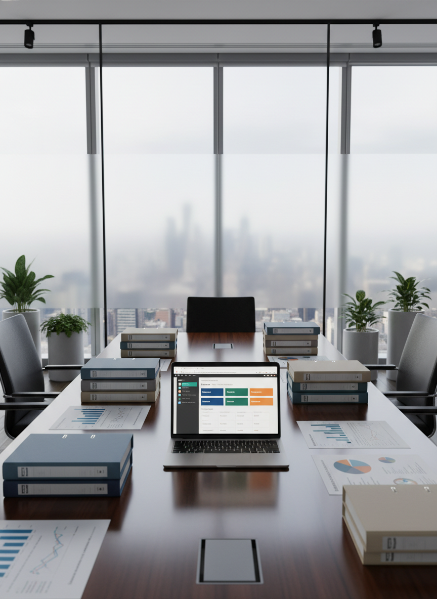 A meticulously organized HR strategy workspace featuring a sleek dark-wood conference table covered with neatly stacked compliance binders, a slim silver laptop displaying a color-coded HR dashboard, and printed performance charts with clean typography and clear graphs. The room is a modern glass-walled office high above a city skyline, with frosted panels for privacy and subtle greenery in minimalist planters. Soft daylight filters through large windows, creating gentle reflections on the table’s polished surface. Photographic realism at eye level, with a moderate depth of field that keeps all key objects in sharp focus. The mood is professional, calm, and highly structured, conveying trust, clarity, and strategic HR consulting expertise in a clean, modern aesthetic.