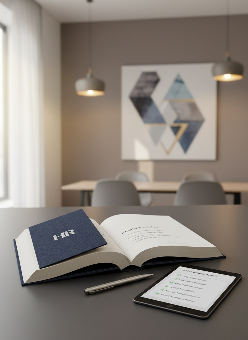 An elegant HR policy handbook lying open on a smooth charcoal-gray desk, its thick, matte pages displaying a neatly formatted “Code of Conduct” section with clear headings and bullet points. Beside it rests a brushed-metal pen aligned perfectly parallel to the book, and a slim, black tablet showing a checklist interface with several items marked complete. The background reveals a blurred, modern office with muted tones and a subtle abstract art piece on the wall. Soft, warm overhead lighting combines with faint natural light from a nearby window, creating a balanced, professional glow. Captured at a slightly elevated angle in sharp photographic realism, the composition is centered and uncluttered, conveying precision, reliability, and serious attention to HR compliance details.