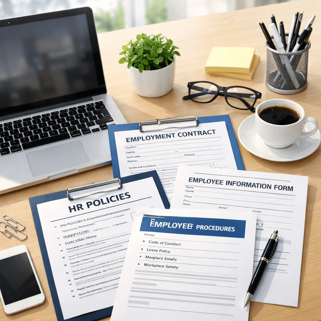 Employment contract, HR policies, employee information form, pens, glasses, laptop, and coffee on desk