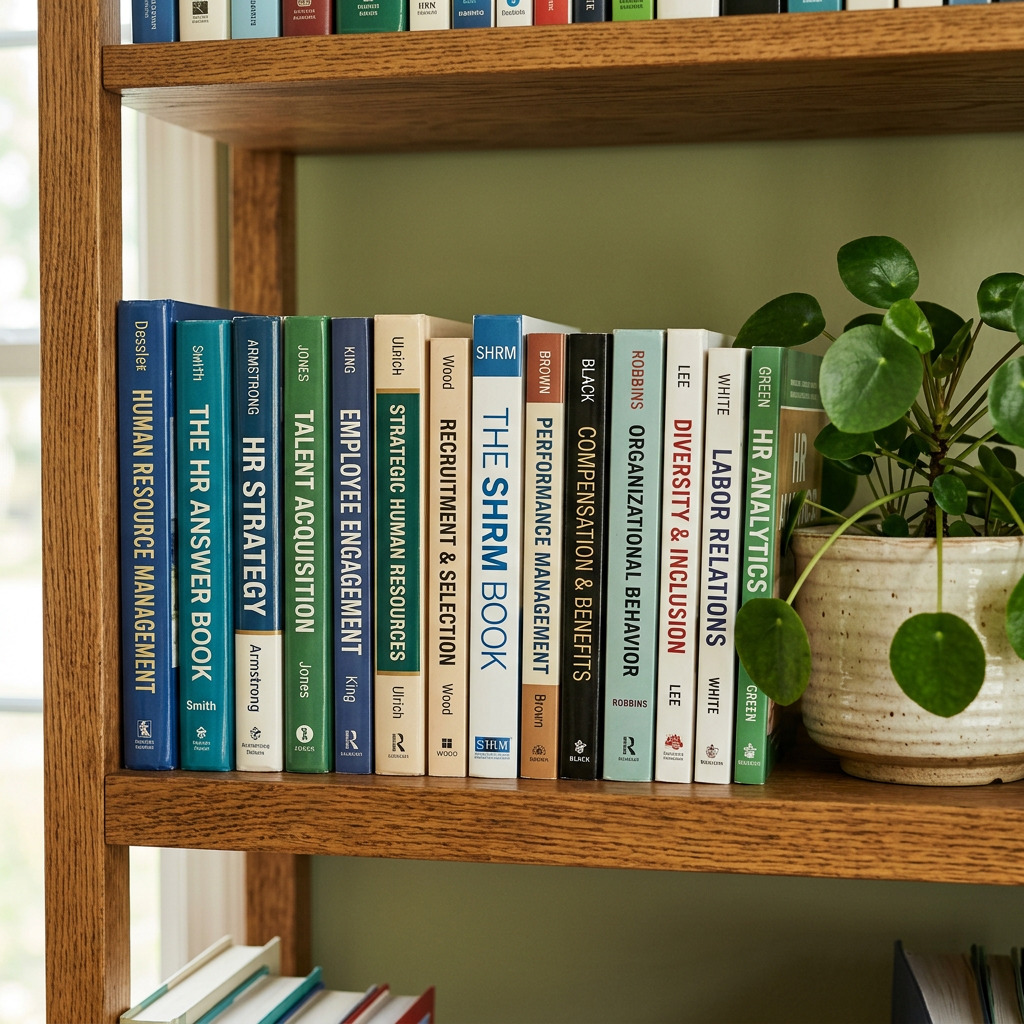 Collection of human resources and HR management books on a wooden shelf beside a green potted plant