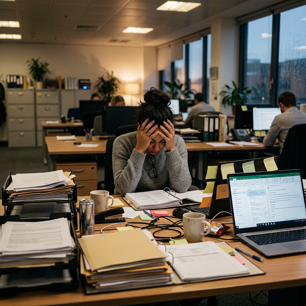 Woman holding her head in hands at a desk cluttered with papers and a laptop