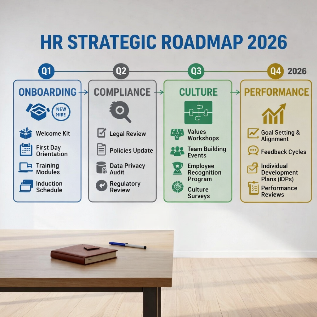 A polished whiteboard wall filled with a well-structured HR roadmap diagram, written in tidy, legible marker lines in blues and grays. Arrows connect key areas labeled “Onboarding,” “Compliance,” “Culture,” and “Performance,” with color-coded sticky notes arranged in clear columns beneath each heading. The whiteboard stands in a bright, modern meeting room with light oak flooring and a simple, rectangular table in the foreground holding a closed leather-bound notebook and two fine-point markers. Diffused daylight from a side window casts soft, clean shadows, producing a crisp, photographic realism. Shot from a slightly angled perspective using the rule of thirds, the composition feels dynamic yet orderly, suggesting strategic planning and collaborative HR improvement without showing any people.