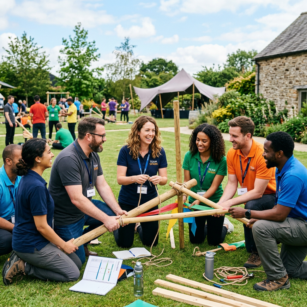 Group of people collaborating on a wooden structure outdoors during team-building activity